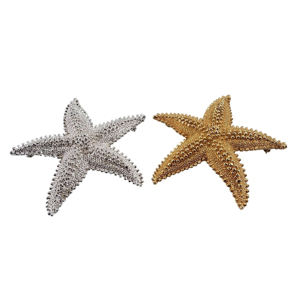 Vintage Monet Starfish Brooch Set - Gold & Silver Tone Textured Nautical Pins